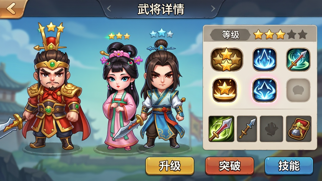 ���壺��Ϸ���佫���ɽ����ͼ���廭��չʾ��λQ�������佫�����������������ƣ���������������塣���֣�������佫ȫ�����棬�Ҳ��ǵȼ����Ǽ�������ͼ����װ�������Ű棺�����С��佫���顱���������ײ��С�����������ͻ�ơ��������ܡ���ť�������ϷUI��񣬽���������ɫ�����ޣ���ͨ��Ⱦ��ϸ�ڣ�ÿ���佫ͷ�����Ǽ���ǣ�����ͼ�귢�⡣���ʣ����壬�ɾ����޶���Ԫ�ء�