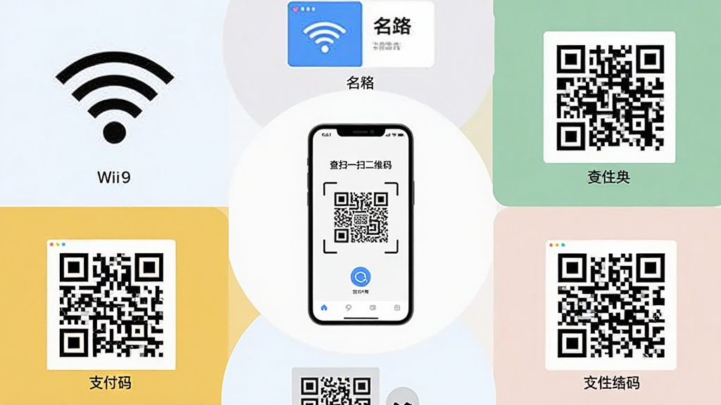 主体为一张展示多种二维码类型的拼贴画,包括Wi-Fi、名片、支付码等,中间放置一部手机显示