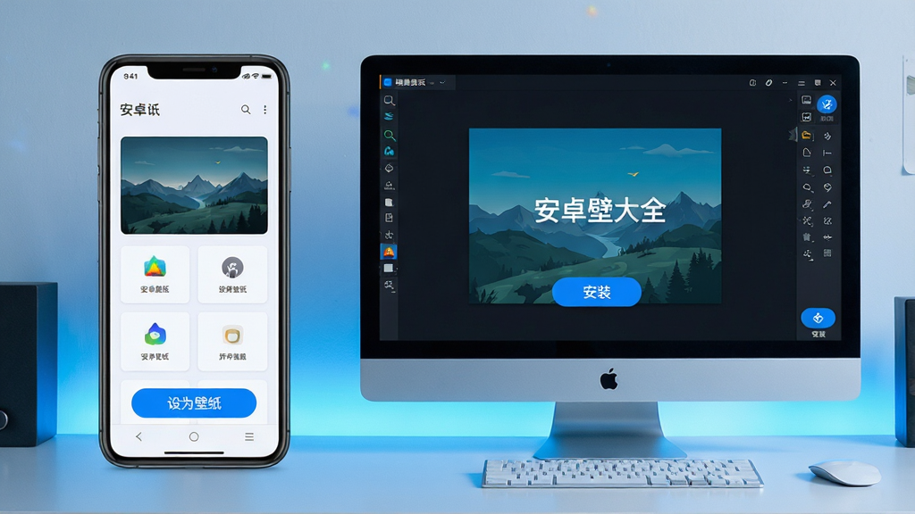 主体:手机与电脑并排展示“安卓壁纸大全”使用场景,手机屏幕显示壁纸设置界面,电脑屏幕显示模拟器界面;布局:左右对称;排版:简洁明了;风格:科技感蓝色调;细节:手机上有“设为壁纸”按钮,电脑上有“安装”按钮;画质:超清,干净,无多余元素