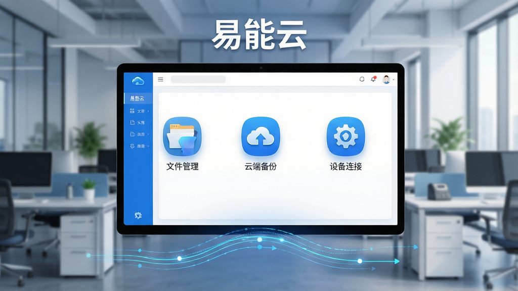 主体:易能云软件主界面展示,屏幕中显示文件管理、云端备份、设备连接等核心功能图标,背景为现代化办公场景。布局:界面居中,功能图标环绕排列,下方有数据同步的动态线条。排版:简洁清晰,图标间距均匀,顶部有“易能云”字样。风格:科技感、扁平化设计,蓝色与白色主色调。细节:图标精致,有光影效果,界面干净无多余元素。画质:高清,干净,无多余元素。