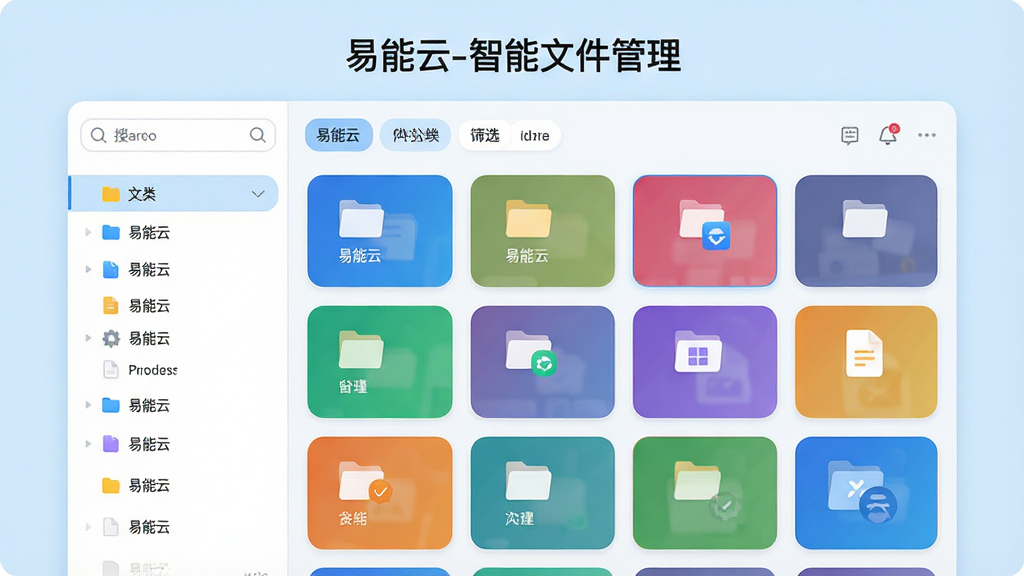 主体:易能云软件的智能文件管理功能界面,屏幕中显示文件按类型分类的彩色卡片,有搜索框和筛选标签。布局:左侧为文件分类列表,右侧为文件缩略图网格。排版:卡片式布局,整齐有序,顶部有“易能云-智能文件管理”字样。风格:清爽简洁,浅蓝色背景,圆角卡片。细节:文件图标清晰,分类标签醒目,界面干净无多余元素。画质:高清,干净,无多余元素。