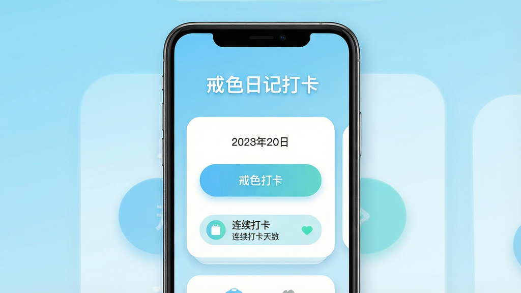 一张展示戒色日记打卡软件主界面的高清预览图,手机屏幕中央显示日期、打卡按钮和连续打卡天数统计,背景为清新的浅蓝色渐变,主题文字“戒色日记打卡”位于顶部,布局简洁,排版规整,现代扁平化风格,细节包括圆角卡片和柔和阴影,画质清晰干净,无多余元素