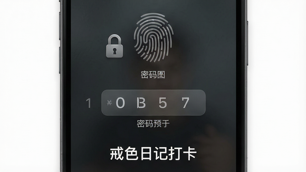 一张手机应用锁界面预览图,显示指纹解锁图标和密码输入框,背景为暗色磨砂玻璃效果,标题“戒色日记打卡”置于底部,布局简洁,排版整洁,拟物化风格,细节包括锁形图标和提示文字,画质干净,无多余元素