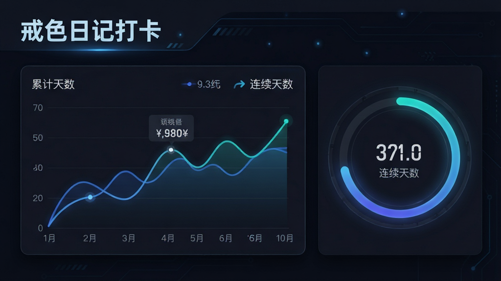 一张数据统计界面预览图,展示折线图和进度环,标注“累计天数”、“连续天数”等数据,背景为深色主题,文字“戒色日记打卡”在左上角,布局清晰,排版专业,科技感风格,细节包括阴影和发光效果,画质高清,无多余元素