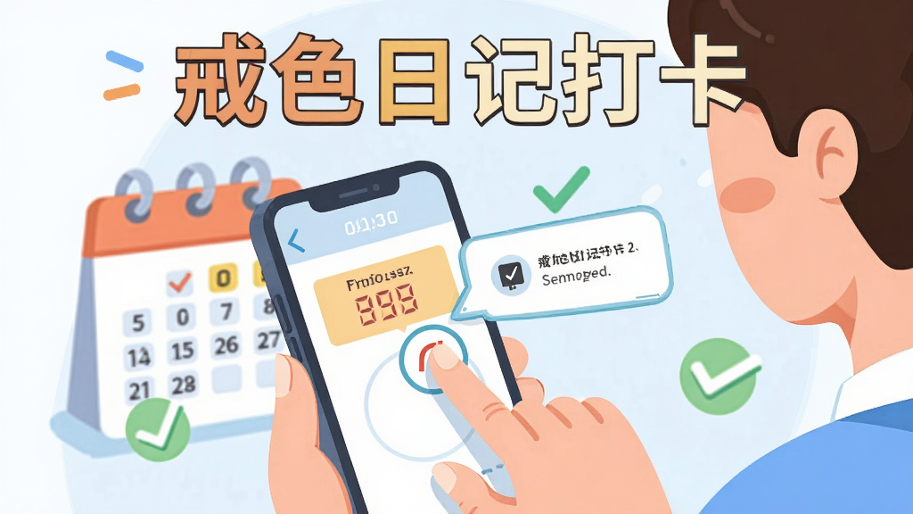 一张手机使用指南插画预览图,展示一个人正在手机上操作打卡,背景有日历和勾选图标,文字“戒色日记打卡”位于上方,布局活泼,扁平插画风格,细节包括手指点击动作和提示框,画质干净明亮,无多余元素