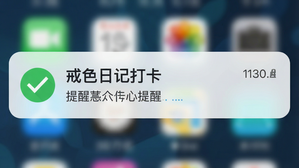 一张手机通知栏截图风格的预览图,显示“戒色日记打卡”提醒消息,配有一个绿色对勾图标,背景虚化,布局简洁,排版清晰,扁平化设计,细节包括时间显示和提醒文字,画质干净明亮,无多余元素