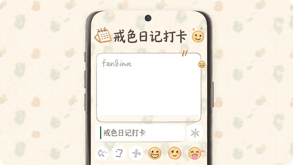 一张手机编辑日记界面的预览图,屏幕上有文本框和表情图标,背景为柔和的米白色,顶部标题“戒色日记打卡”,布局居中,排版舒适,手绘风格插图点缀,细节包括光标和输入提示,画质柔和干净,无多余元素