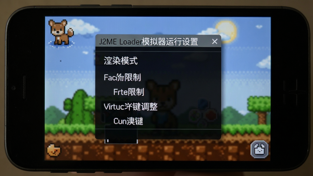 J2ME Loader模拟器运行设置界面,手机屏幕显示模拟器的设置菜单,包含渲染模式、帧率限制、虚拟按键调整等选项,背景是模糊的像素游戏画面,整体风格简洁现代,光线柔和,布局清晰,画质高清,干净无多余元素