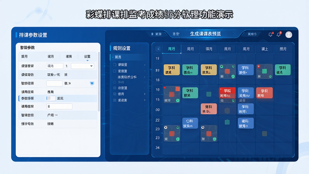 ���壺�ʵ��ſ��ż࿼�ɼ����������������ſι�����ʾ����Ļ���пγ̱��͹���������塣���֣����Ϊ�ſβ������ã��Ҳ�Ϊ���ɿα�Ԥ�����Ű棺�������ñ������У��α�������ͼ����չʾ����񣺿Ƽ�����ɫ���棬Բ�ǿ�Ƭ��ơ�ϸ�ڣ��γ̿��עѧ�����ƺͽ�ʦ��������ͻ���ú�ɫ���������ʣ����壬�ɾ����޶���Ԫ��
