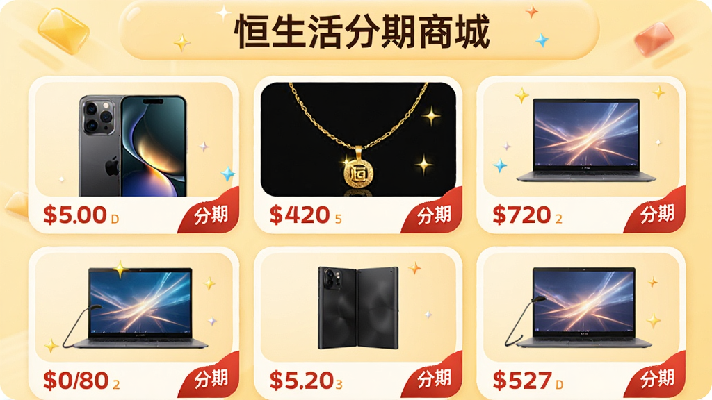 主体:恒生活分期商城页面,展示手机、黄金项链、笔记本电脑等商品布局:商品以网格状排列,每个商品有图片和价格标签,顶部有“恒生活分期商城”横幅排版:三列网格,每张商品卡片圆角边框,右下角有“分期”红色小标风格:时尚活力,暖色调背景,商品图高光处理细节:商品图片清晰,价格醒目,背景为浅黄色,整体氛围温馨画质:高清渲染,干净,无多余元素