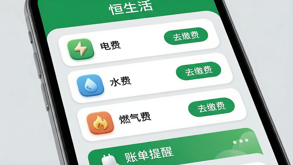 主体:恒生活APP缴费功能界面,手机屏幕显示水电燃气缴费列表布局:手机屏幕特写,列表项有“电费”“水费”“燃气费”图标,顶部有“恒生活”字样排版:竖向列表形式,每项右侧有“去缴费”按钮,底部有“账单提醒”横幅风格:清新简洁,绿色与白色搭配,圆角卡片设计细节:图标立体感强,文字清晰,背景为浅灰色画质:高清,干净,无多余元素