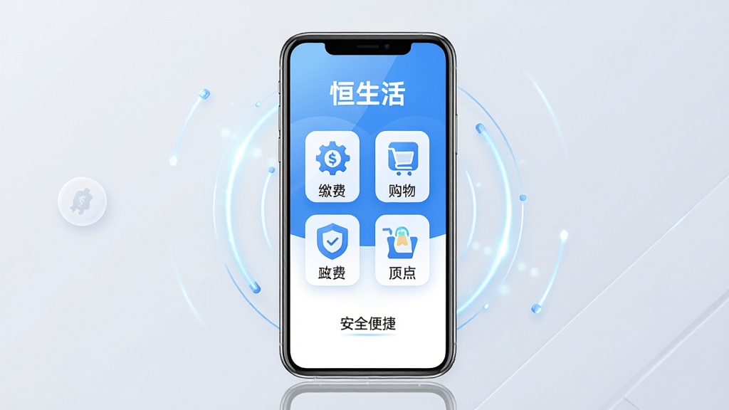 主体:恒生活APP界面展示,手机屏幕显示首页功能图标布局:手机居中,屏幕内容清晰可见,周围有简洁的光效点缀排版:手机竖向展示,屏幕内展示“恒生活”字样及缴费、购物等图标,下方有“安全便捷”字样风格:现代简约,科技感,蓝白主色调细节:手机边框高光,屏幕反光自然,功能图标排列整齐画质:高清渲染,干净,无多余元素
