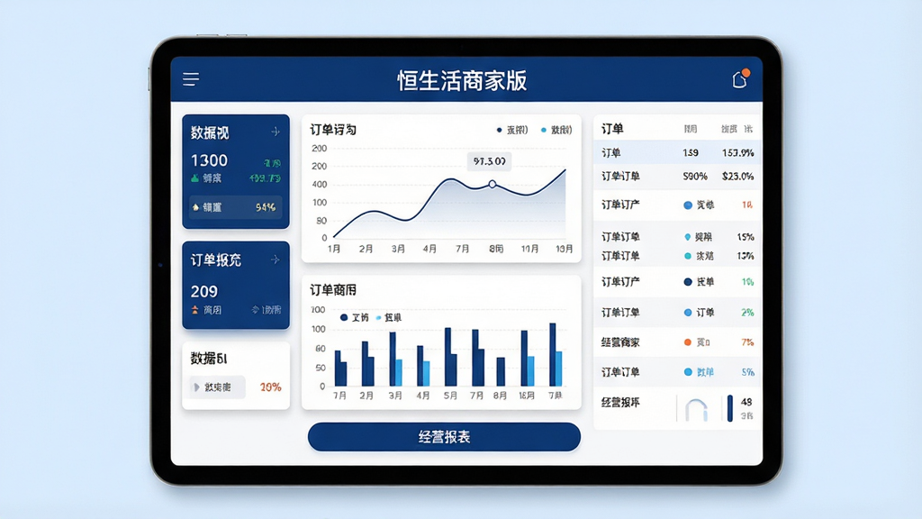 主体:恒生活商家版后台界面,平板电脑显示销售数据图表布局:平板居中,屏幕上有折线图、柱状图以及订单列表,顶部有“恒生活商家版”字样排版:左侧为数据概览卡片,右侧为订单明细表格,底部有“经营报表”按钮风格:商务专业,深蓝与白色搭配,信息层级分明细节:图表数据标注清晰,卡片有阴影,背景为浅蓝色画质:高清,干净,无多余元素