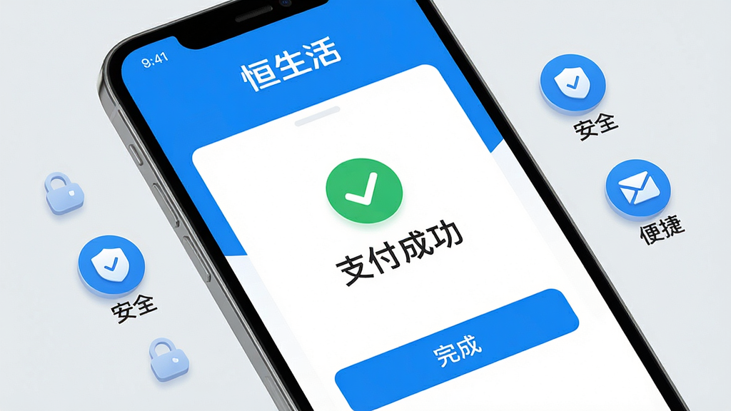 主体:恒生活APP使用场景,用户手机操作支付界面布局:手机屏幕特写,显示支付成功页面,周围有“安全”“便捷”小图标排版:屏幕中央有“支付成功”和对勾,顶部有“恒生活”字样,底部有“完成”按钮风格:简约明亮,蓝白配色,背景为浅灰色画质:高清,干净,无多余元素