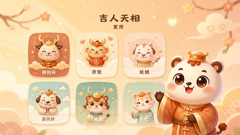 ��������Ӧ�������棬չʾ��Ф���⿨Ƭ�����ůɫ��������ͨ���������󡢽��沼�ּ�������������ܰ������ϸ�ڷḻ�����ʸɾ����޶���Ԫ��