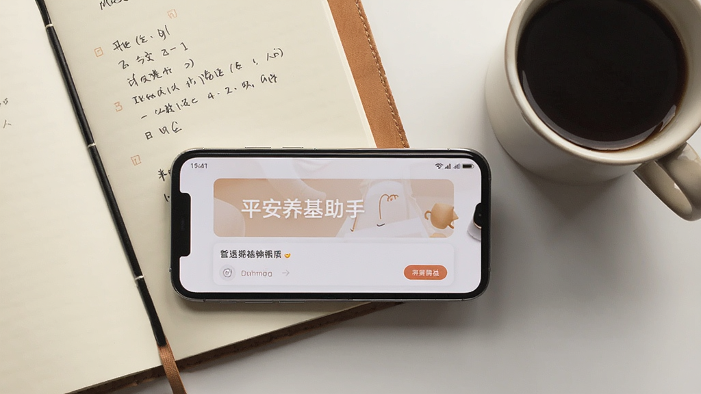 画面主体为一部智能手机横屏显示平安养基助手的操作界面,旁边摆放着一本笔记本和一杯咖啡。布局为桌面俯拍视角,风格为生活化场景,色调温暖自然,细节丰富,画质干净,体现使用场景的日常感。