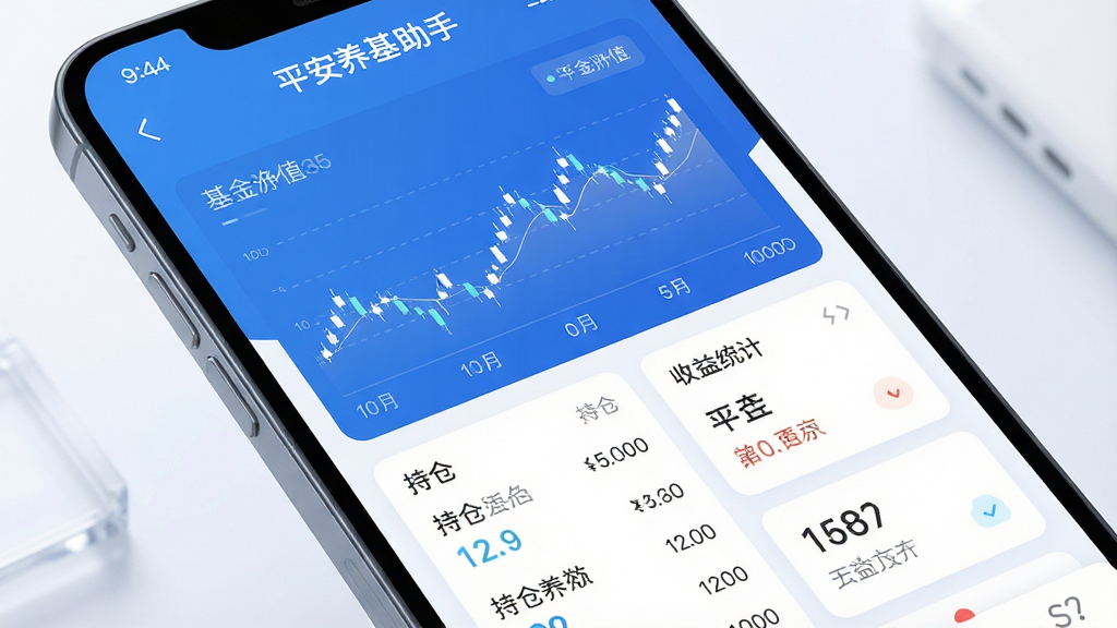 画面主体为手机屏幕特写,屏幕中清晰显示“平安养基助手”APP主界面,界面布局为现代简约风格,上方是基金净值走势图,下方是持仓列表与收益统计卡片。整体风格清爽明亮,以蓝白为主色调,搭配柔和光影,画质细腻干净,无多余元素,突出APP的品牌感与专业性。