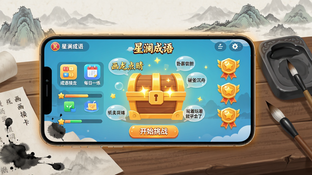 ���壺һ��������ů�ƹ�������ֻ�����ڹ��������ϣ���Ļ����չʾ���������App�ĳ���ؿ��б���������ˮīɽˮ����񡣲��֣��ֻ�����ƫ���Ҳ�ڷ���̨��ë�ʣ����幹ͼƽ�⡣�Ű棺�ֻ���Ļ�ڵ�UI���������ɼ�����ʾ���������������ÿ��һ�����Ȳ�ɫͼ�꣬�Ӿ��㼶��������񣺱�ƽ���廭����ں��й���Ԫ�أ�ɫ�ʵ������¡�ϸ�ڣ���Ļ��Ư���ż�����ɫ���ﺺ���硰�����㾦����ī������ֽ����Ⱦ���������Ļ���Ϣ�����ʣ�4K���壬�ɾ����޶���Ԫ�ء���<h3>������ɫ</h3><h4>Ȥζ����ģʽ:</h4><p>�����������Ӳ�����������ｫ��ǧ�����ü���Ƨ���ﾫ�ı���Ϊ�ݽ�ʽ�ؿ���ÿһ�ض����ж��ص����⣬�翴���´ʡ�ȱ����ա��������ߵȣ���������ս�в�֪����������䡣�ؿ��Ѷ�����ƽ�������ܸ��������㹻�ĳɾ͸У�Ҳ��Ϊ��������ṩʮ����������飬����ʵ�֡��������ž�ѧ���ˡ���</p>[[IMG:���壺��Ϸ���ؽ����ͼ��������һ���޴�Ľ�ɫ�ؿ����䣬������Χ�����Ű�͸���ĳ������ݡ����֣�������ж��룬�����ʾ�ؿ����������Ҳ�չʾ�����ɾͽ��¡��Ű棺���涥���С��������Ʒ��Logo���ײ��ǡ���ʼ��ս����ť��������Ŀ�������ϷUI��ƣ�ɫ���������ã�������΢�Ĺ����ʸС�ϸ�ڣ������ڰ�������н�����������Ƹ����ۡ������֣����������ǹ���Ч�����ʣ�������Ⱦ���ɾ����޶���Ԫ�ء�