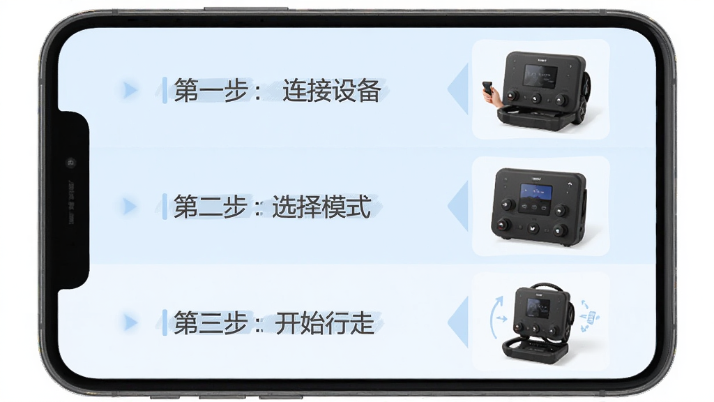 远山智行APP使用指南界面,屏幕显示分步教程,配有插图,背景为淡蓝色,文字为深灰色,布局从上到下依次为“第一步:连接设备”、“第二步:选择模式”、“第三步:开始行走”,每步配有设备实物图,整体风格简洁易懂,画质清晰,干净无多余元素