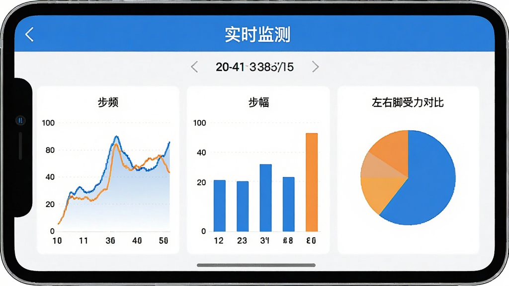 远山智行APP姿态监测数据图表界面,屏幕显示步频曲线、步幅柱状图、左右脚受力对比饼图,背景为白色,图表配色为蓝色和橙色,界面顶部有“实时监测”标题,下方为数据刷新时间,整体布局清晰,数据可视化程度高,画质干净,无多余元素