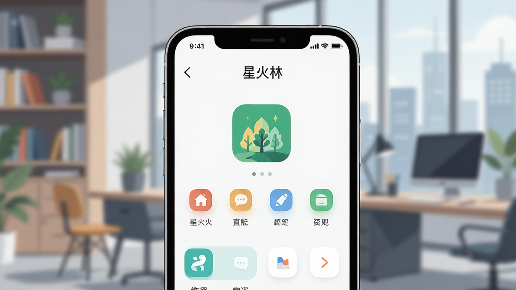 画面主体为智能手机屏幕特写,屏幕中清晰显示“星火林”APP的简洁主界面,背景为模糊的现代城市书房环境,整体布局居中,排版清爽,风格为扁平化插画风,细节包含手机屏幕上的功能图标与文字标签,画质高清干净,无多余元素