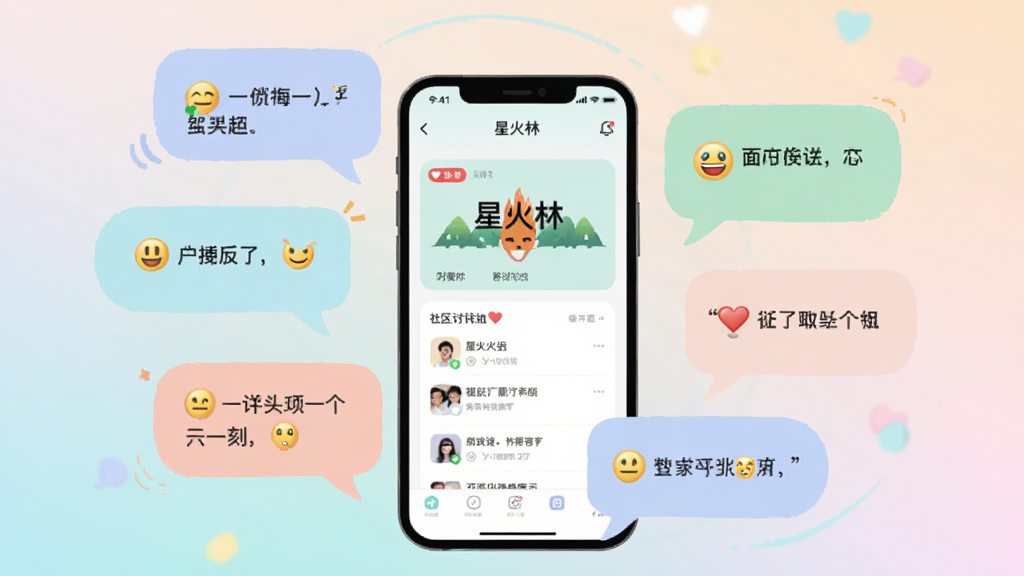 主体为多个色彩柔和的对话气泡围绕着一部手机,手机屏幕显示“星火林”社区讨论组界面,背景为淡雅的渐变色,构图采用环绕式布局,排版活泼自由,风格为清新社交风矢量插画,细节包含气泡内的表情符号和短句,画质柔和干净,无多余元素