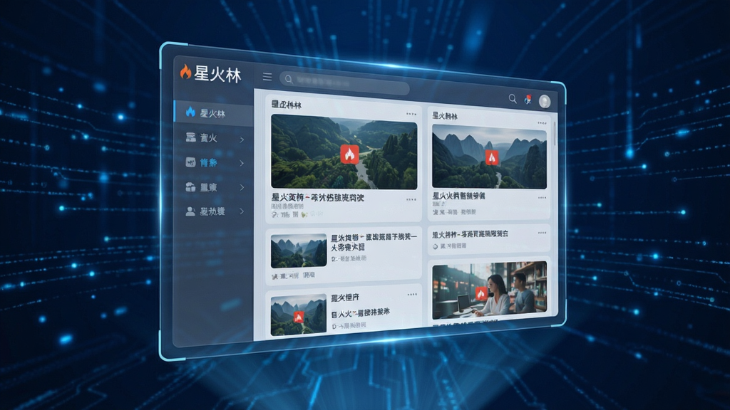 主体为一块悬浮在半空中的全息投影屏幕,屏幕上展示着“星火林”资讯聚合的瀑布流信息界面,背景为深蓝色科技感光效,构图采用中心透视法,排版规整,风格为现代科技感3D渲染,细节突出屏幕内的图片与标题文字排列,画质精细通透,无多余杂物