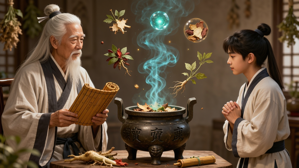 ���壺һλ�ɷ���ǵİ׷����ߣ���һ�����ӵĵ�¯ǰ��������֮����һλ������ӣ���ΧƯ���Ÿ��ֲ�ҩ�����صĹ��򡣲��֣����ڳ���������������ң���¯���С��Ű棺�����ͼ��ůɫ����ͻ�������봫�еķ�Χ����񣺹ŵ�Ψ����ϸ�ڷḻ��ϸ�ڣ���¯��ð���������̣���ҩ������������������һ����򣬵��ӹ������������ʣ�����ϸ�壬��͹��ߣ��ɾ����޶���Ԫ�ء�
