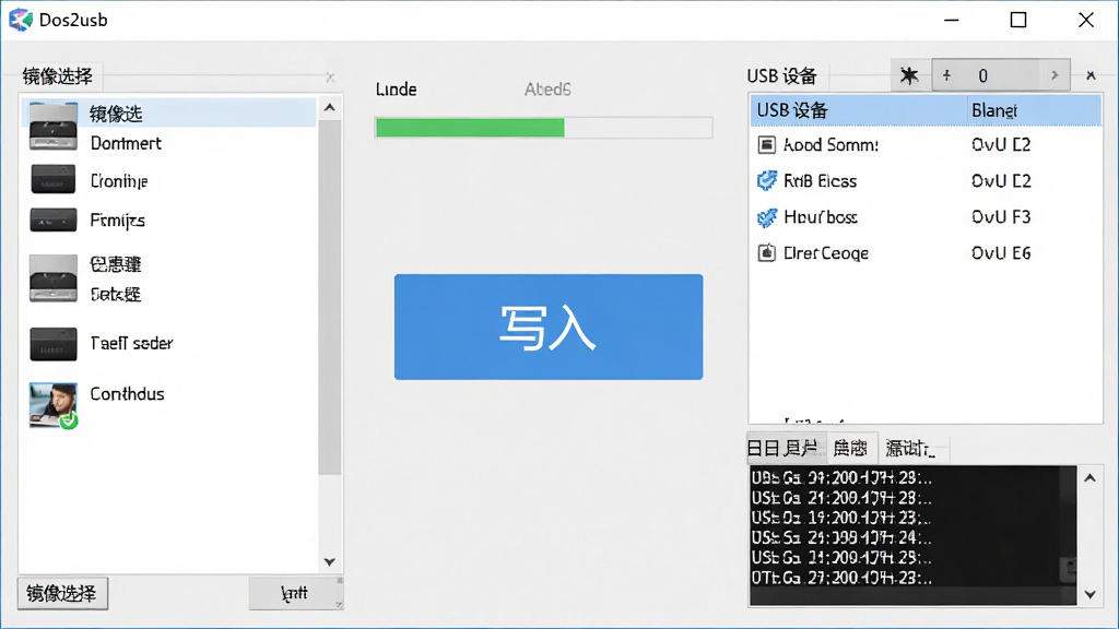 ����ΪDos2usb�����������ͼ�������࣬���Ϊ����ѡ�������Ҳ�ΪUSB�豸�б����м�����Ŀ�ġ�д�롱��ť�����岼�����������Ϊ�ִ���ƽ����ϸ�ڰ�������������־���ڣ����ʸ��壬�ɾ��޶���Ԫ��