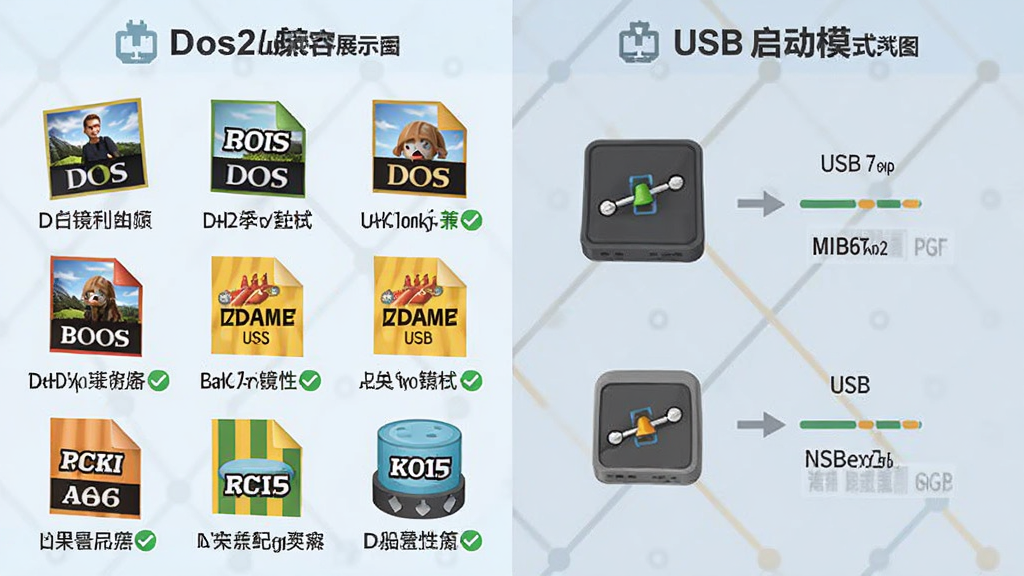 ����ΪDos2usb����������չʾͼ������г�����DOS�����ʽͼ�꣬�Ҳ�Ϊ��ͬUSB����ģʽʾ��ͼ������Ϊ���ҶԱȣ����Ϊ��Ϣͼ�����ϸ�ڰ�����ʽ���ƺͼ����Ա�ʶ�����ʸɾ����޶���Ԫ��