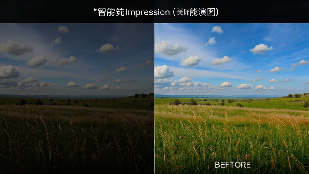 PhotoImpression��������������ʾͼ������Ϊһ�ŷ羰��Ƭ��ǰ��Ա�Ч�������ԭʼ�������Ҳྭ�������Ż���ɫ���������������ֲ������ҷ����Աȣ����дʵ��ϸ��չʾ�����ݵص�ɫ�ʱ仯�������������ɾ��޶���Ԫ��