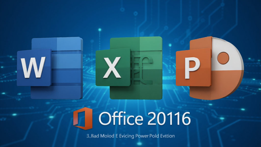 主视觉展示Office 2016 家庭和学生版的三大组件图标,Word、Excel、PowerPoint立体悬浮于蓝色科技背景之上,布局均衡,排版疏朗,风格现代简洁,细节呈现光影质感,画质高清干净,无多余元素。