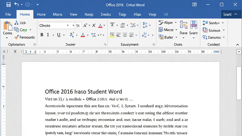 展示Office 2016 家庭和学生版Word界面截图,功能区工具栏清晰可见,文档编辑区文字排版整齐,布局规整,排版简洁,风格写实,细节包括菜单选项卡和标尺,画质清晰干净,无多余元素。