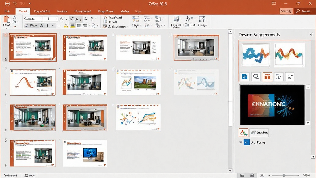 展示Office 2016 家庭和学生版PowerPoint设计灵感功能界面,左侧幻灯片缩略图,右侧设计建议面板,布局清晰,排版专业,风格商务,细节包括动画效果窗格,画质高清干净,无多余元素。