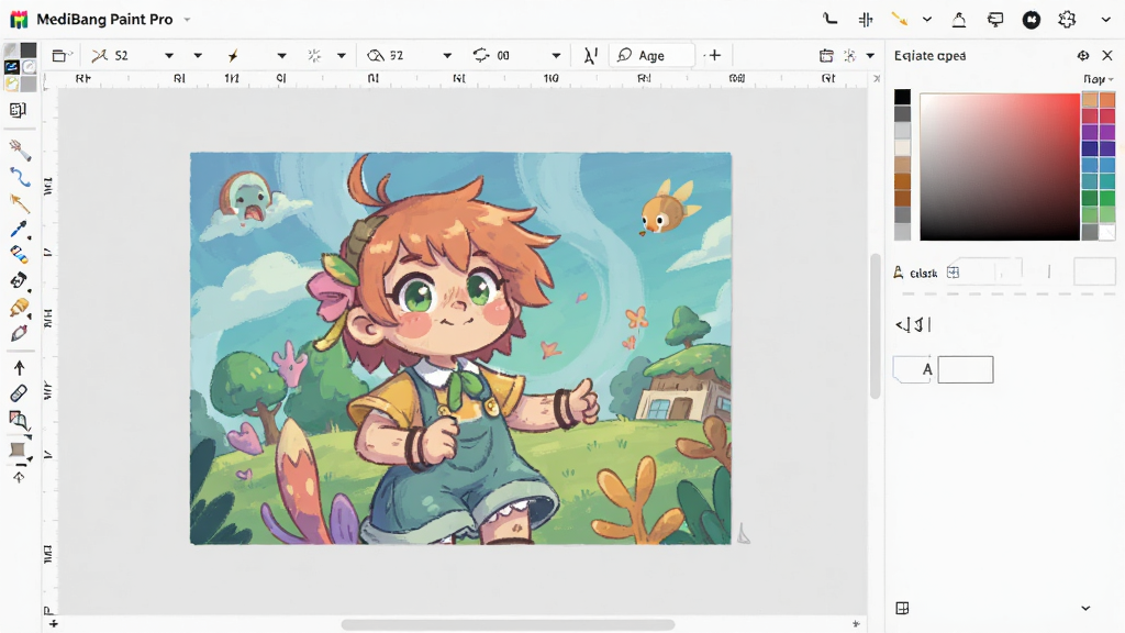 һ��չʾMediBang Paint Pro��������ĸ���ͼƬ��������������๤�������Ҳ���ɫ��壬���沼�ּ�࣬�������в�ɫ�廭��Ʒ��������ɾ������������������޶���Ԫ�ء�