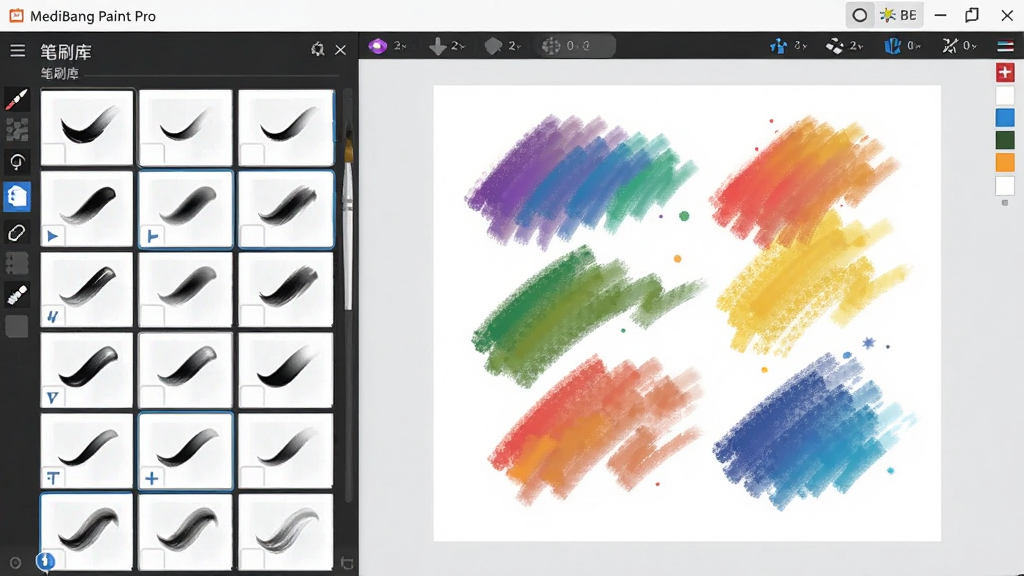 չʾMediBang Paint Pro�ı�ˢѡ����棬���������ʾ���ֱ�ˢͼ�꣬�Ҳ໭���ϳ��ֲ�ͬ�ʴ�Ч����ɫ�ʷḻ���������������ֱ�ǩ