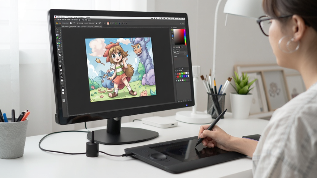 չʾ�û�ʹ��MediBang Paint Pro�ڵ����ϻ滭�ĳ������ֻ�����ӵ��ԣ���Ļ��ʾ�������棬�������в�ɫ�廭�������������࣬�����������޶���Ԫ�ء�