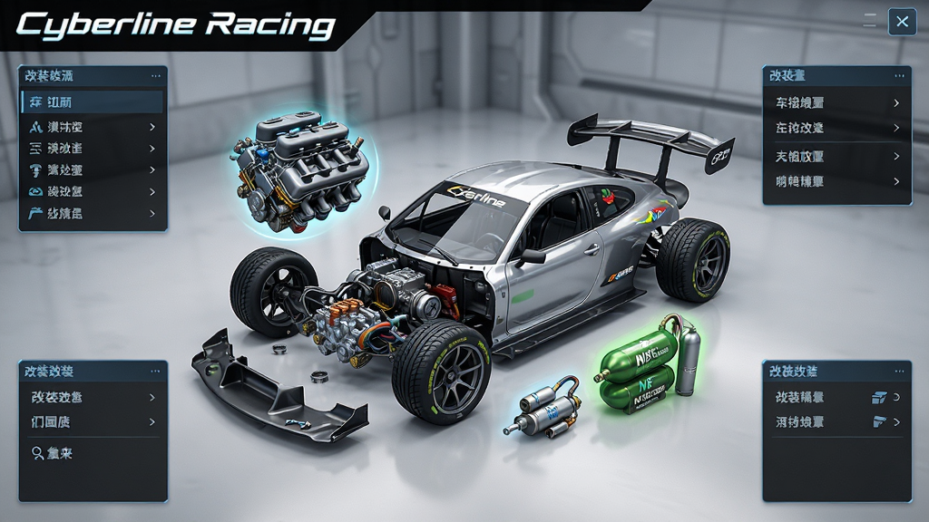 ������Cyberline Racing��Ϸ�е�������װ������棬չʾһ��������������㲿��������������Ϊ���ģ���Χ���Ƹ�װ�˵����Ű��������������Ϊ�Ƽ���UI���棬ϸ�ڰ������桢��̥������ƿ�Ȳ���������ʾ������ϸ�壬�ɾ����޶���Ԫ�أ��������Ͻ���