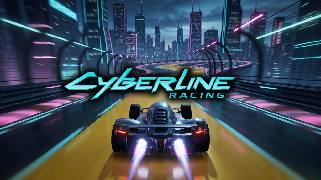 ������Cyberline Racing��Ϸ�������ͼ��չʾδ��������������������������������Ϊ���ģ�����λ�ڻ���ƽ�ָ�㣬�Ű�ͻ���ٶȸ���Ƽ��У����Ϊ��������޺�ɫ����ϸ�ڰ�������β�桢������Ч��Զ������¥����ʸ��壬�ɾ����޶���Ԫ�أ��������������ϷLogo����