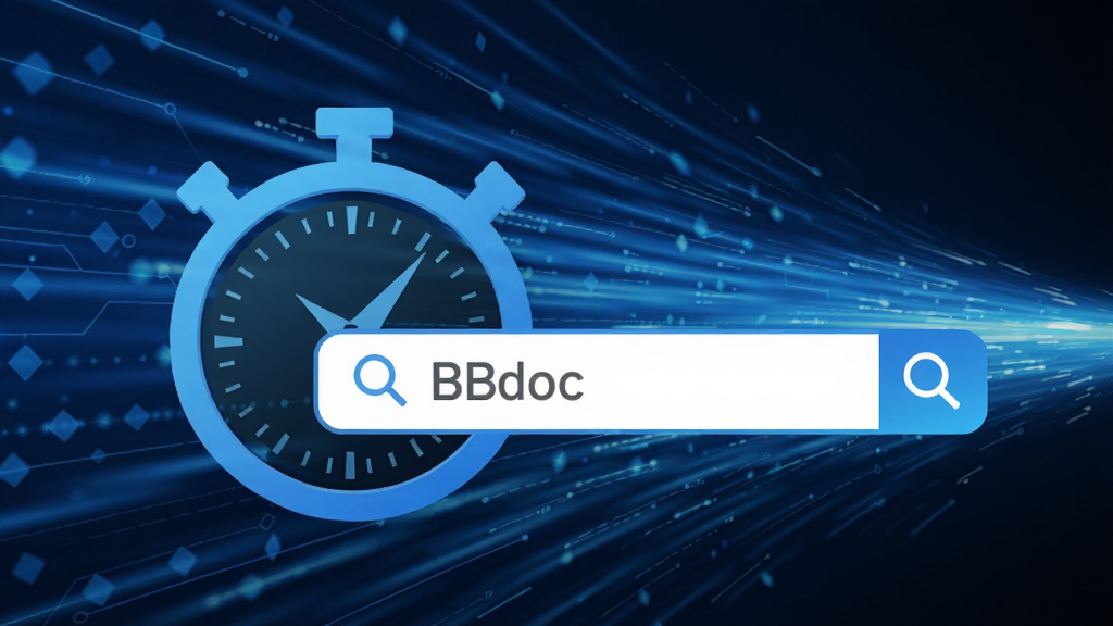速度展示图:一个计时器图标与BBdoc文档搜索工具搜索框叠加,背景为流动的光速线条,象征极速检索,蓝色科技色调,构图简洁,画质清晰,无多余元素