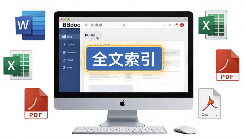 功能展示图:电脑屏幕前,BBdoc文档搜索工具界面高亮显示“全文索引”功能,周围环绕各种文档图标,包含Word、Excel、PDF,风格扁平化,色彩明快,细节丰富,画质干净