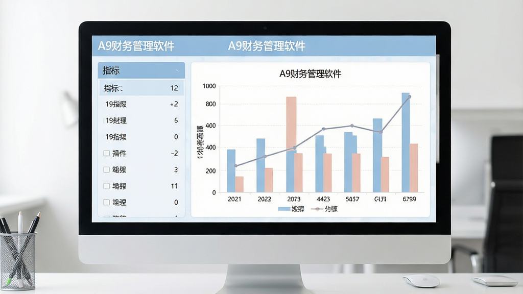 主体:电脑屏幕显示A9财务管理软件中的图表分析页面。布局:左侧为指标列表,右侧展示柱状图与折线图。排版:图表配色柔和,坐标轴标注清晰。风格:商务大气的浅蓝色调。细节:图表上方有“A9财务管理软件”字样,背景为简约的办公桌面。画质:高清晰度,画面干净整洁。