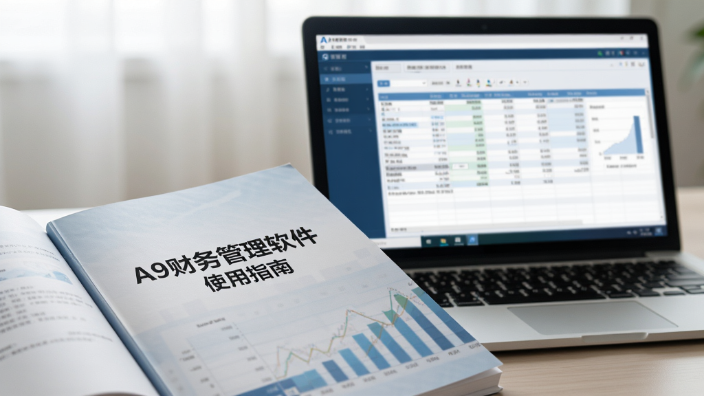 主体:一本打开的操作手册与笔记本电脑,屏幕上显示A9财务管理软件的运行界面。布局:手册位于左下角,电脑位于右侧背景处。排版:画面有留白,文字说明区域清晰。风格:写实摄影风格,光线柔和。细节:手册封面印有“A9财务管理软件 使用指南”字样,屏幕中可见数据表格。画质:高清画质,细节丰富。