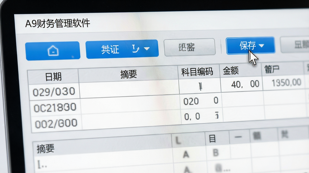 主体:A9财务管理软件凭证录入界面特写。布局:中央为凭证填制表格,上方为功能按钮,下方为摘要栏。排版:表格字段清晰,有“日期”、“摘要”、“科目编码”、“金额”列。风格:清爽的浅灰背景搭配蓝色高亮按钮。细节:界面中可见“A9财务管理软件”顶部标题,鼠标光标悬停在“保存”按钮上,画面质感细腻。画质:干净明亮,无多余杂乱元素。