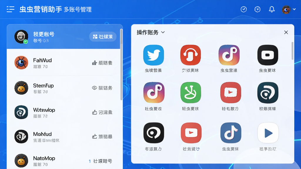 ���Ӫ�����ֶ��˺Ź������棬����˺��б����Ҳ������壬��ʾ����罻ý��ƽ̨ͼ�꣬�����࣬��ɫ���⣬�Ƽ���ǿ�������������޶���Ԫ��