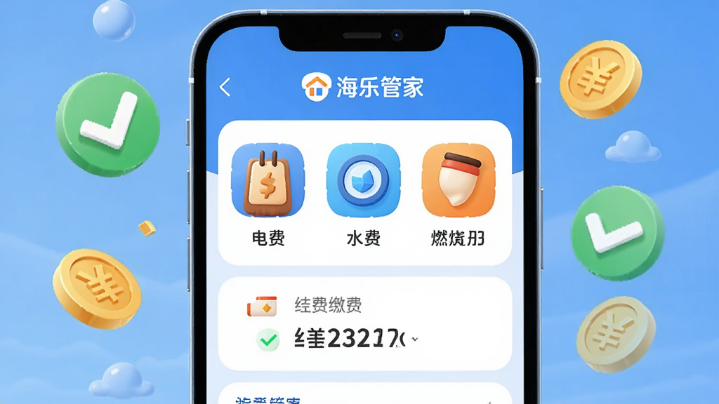 ��������Ϊ���ֹܼ�APP������ɷѹ��ܽ����ͼ����Ļ��������ʾ��ѡ�ˮ�ѡ�ȼ���ѵĿ�ͨͼ��ͽɷѽ����ֲ����ֻ��������չʾ����Χ������֧���ɹ��ĶԹ��ͽ��Ԫ�ء��Ű���������Ϣ�㼶���������Ϊ����2.5D�廭�磬ɫ������ɫ�ͳ�ɫΪ����ϸ����ͻ�������ֹܼҡ���logo��ˮ��ͼ�꣬���ʸɾ����޶���Ԫ�ء�