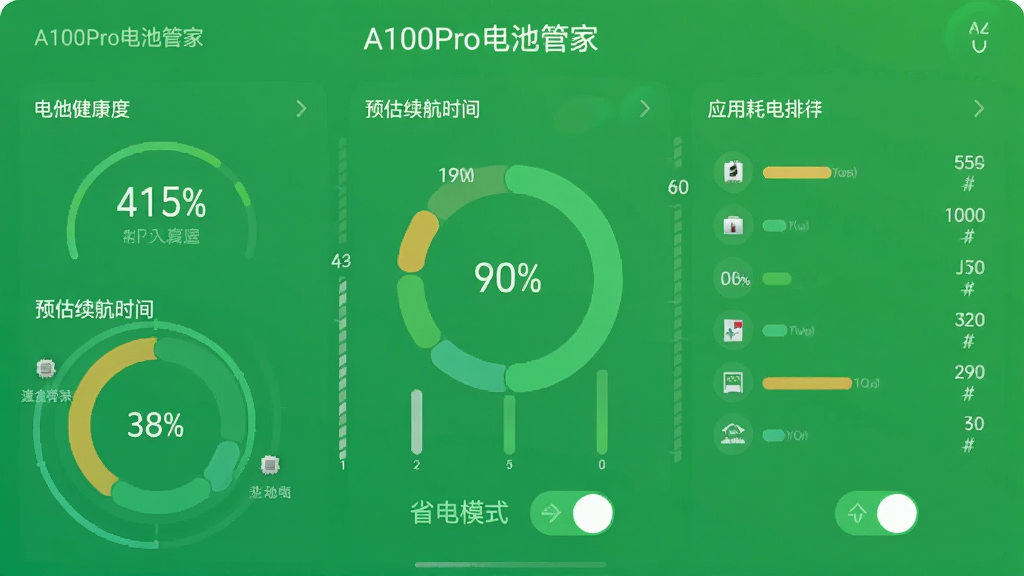 һ��չʾA100Pro��ع������ܵĽ����ͼ����������ɫΪ��ɫ������ʾ��ؽ����Ȱٷֱȡ�Ԥ������ʱ���Լ���Ӧ�úĵ����У�ͼ������Բ����ƣ��·�Ϊʡ��ģʽ���أ����������¼�࣬���ֱ�ע