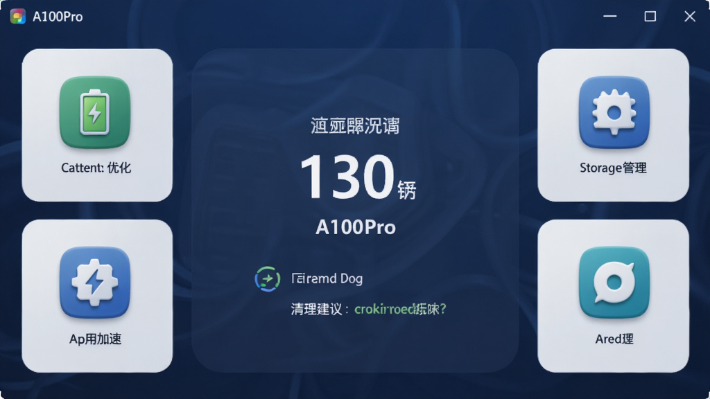 һ��չʾA100Pro������ĸ����ͼ������������ɫΪ��ɫ����������ʾ�豸��ǰ�����������������飬��Χ���Ƶ���Ż����洢������Ӧ�ü��ٵȹ���ͼ�꣬�������ִ���Լ��ͼ�������ǿ������������ע