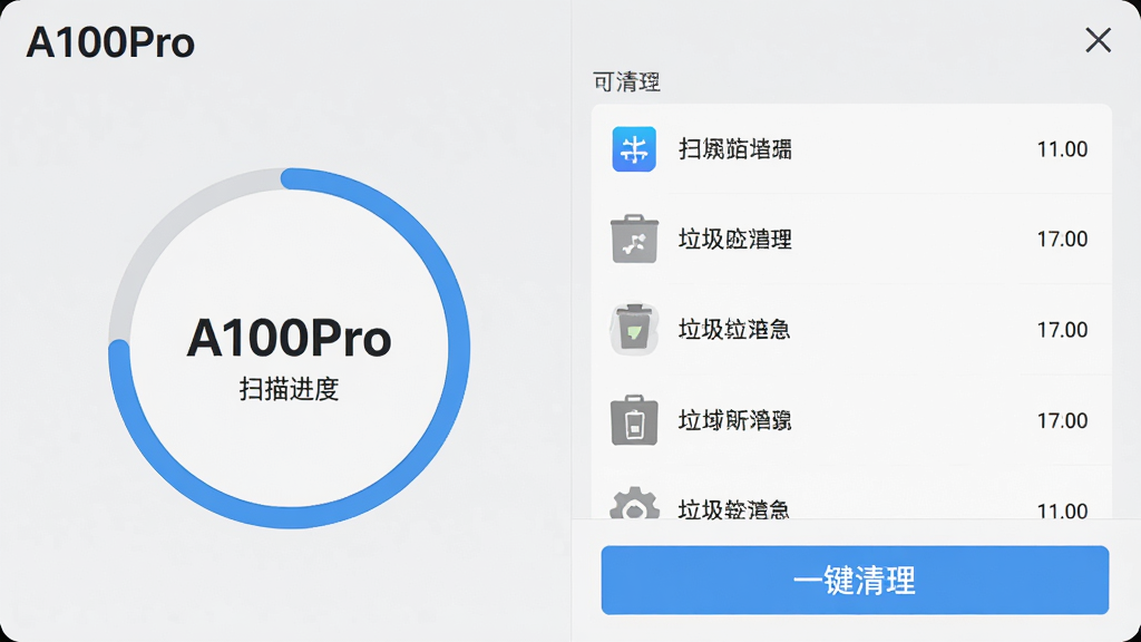 һ��չʾA100Pro�����������ܵĽ����ͼ�����Ϊɨ����Ȼ����Ҳ���ʾ�������ĸ��������ļ��б����ײ�Ϊ