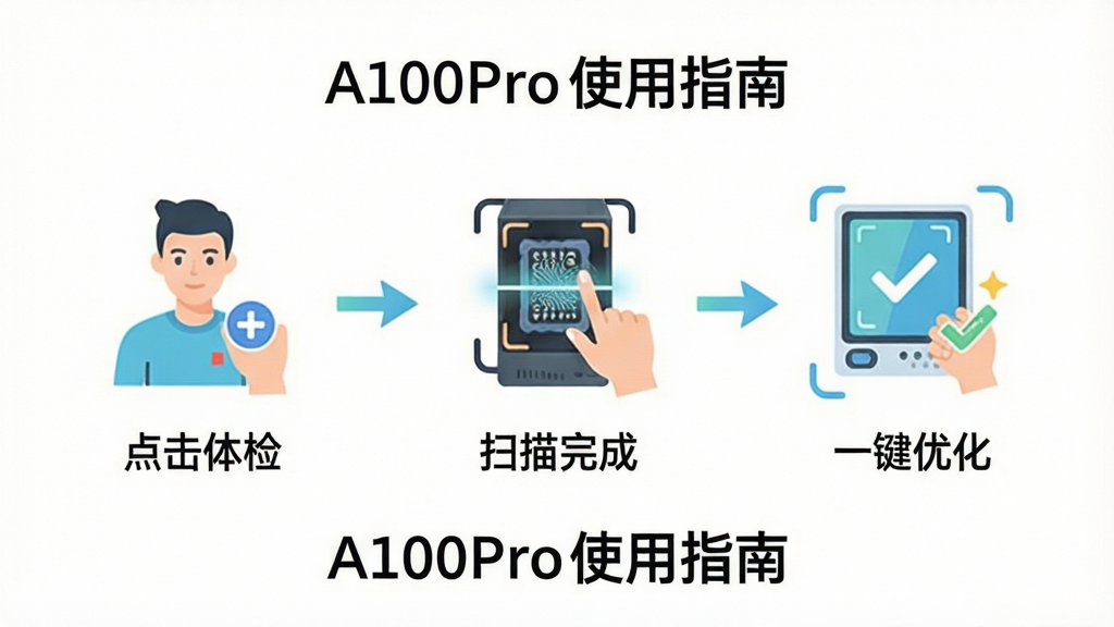 һ��չʾA100Proʹ�ò����ʾ��ͼ�������Ϊ�������裬��һ�������죬�ڶ���ɨ����ɣ�������һ���Ż���ÿ���������м���ͼ�������˵��������Ϊ��ɫ���������ƽ������ɫ���£���ע